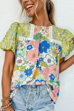 Online Dear-Lover Bubble Sleeve Lace Trim Floral Mixed Print Blouse Green