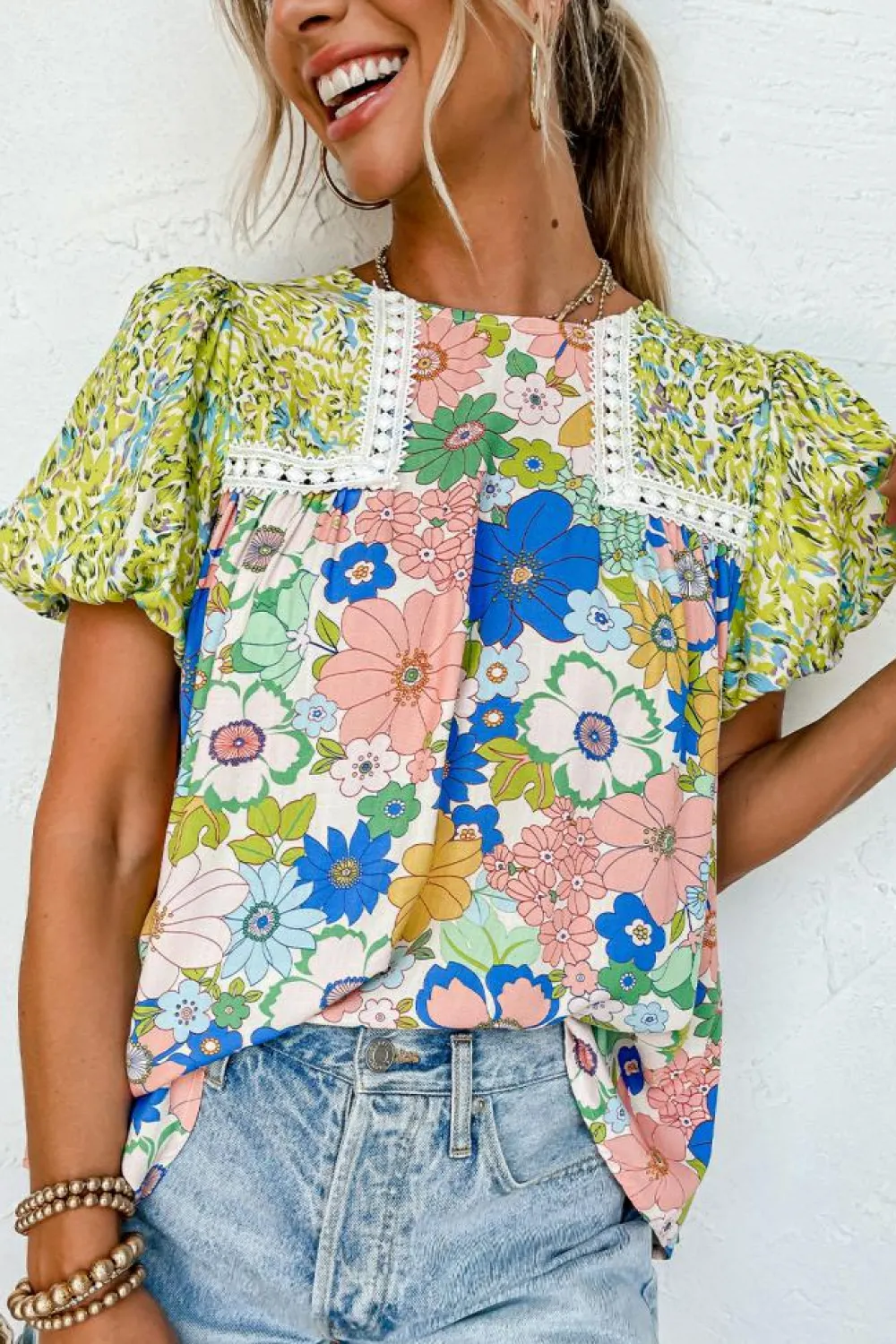 Online Dear-Lover Bubble Sleeve Lace Trim Floral Mixed Print Blouse Green