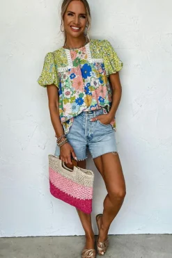 Online Dear-Lover Bubble Sleeve Lace Trim Floral Mixed Print Blouse Green