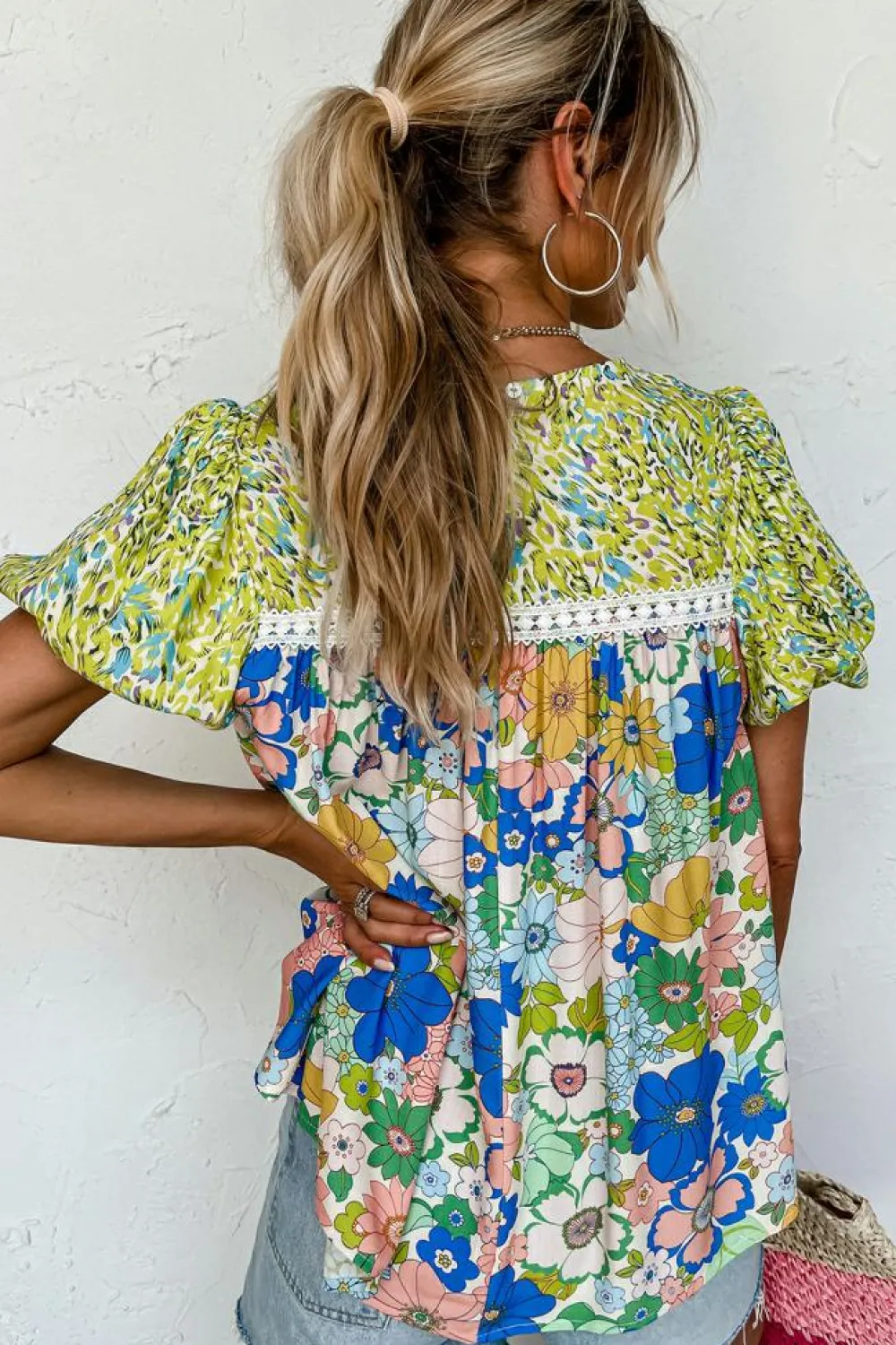 Online Dear-Lover Bubble Sleeve Lace Trim Floral Mixed Print Blouse Green