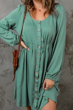 Best Dear-Lover Button Up High Waist Long Sleeve Dress Green