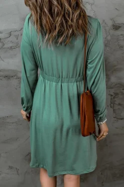 Best Dear-Lover Button Up High Waist Long Sleeve Dress Green