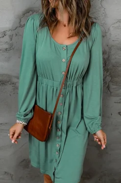 Best Dear-Lover Button Up High Waist Long Sleeve Dress Green
