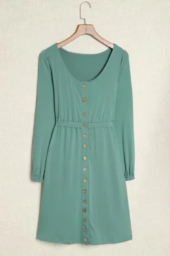 Best Dear-Lover Button Up High Waist Long Sleeve Dress Green