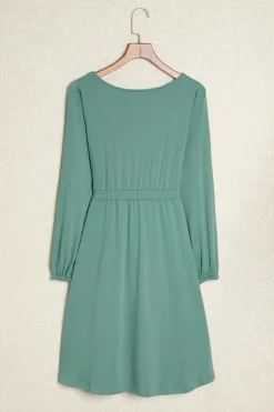 Best Dear-Lover Button Up High Waist Long Sleeve Dress Green