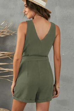 Discount Dear-Lover Button V Neck Romper with Belt Green