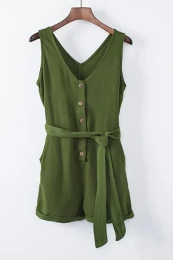 Discount Dear-Lover Button V Neck Romper with Belt Green