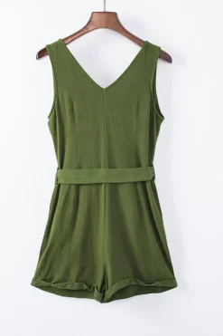 Discount Dear-Lover Button V Neck Romper with Belt Green