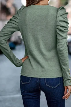 Discount Dear-Lover Buttoned Puff Long Sleeve Sheath Top Green