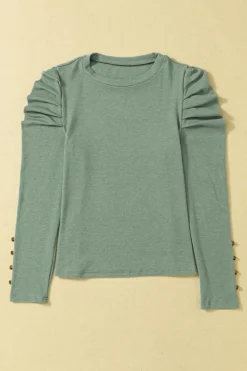 Discount Dear-Lover Buttoned Puff Long Sleeve Sheath Top Green