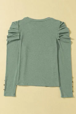 Discount Dear-Lover Buttoned Puff Long Sleeve Sheath Top Green