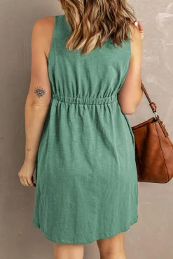 Hot Dear-Lover Buttons Sleeveless High Waist Mini Dress Green