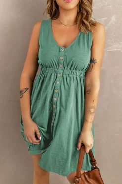 Hot Dear-Lover Buttons Sleeveless High Waist Mini Dress Green