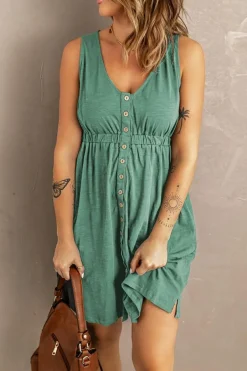 Hot Dear-Lover Buttons Sleeveless High Waist Mini Dress Green