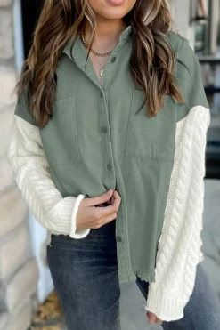 Hot Dear-Lover Cable Knit Sleeve Raw Hem Shacket Green