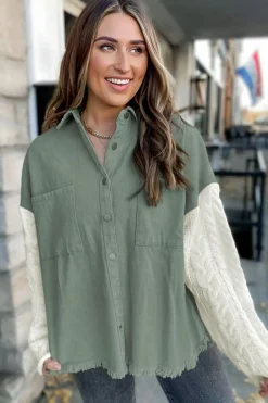 Hot Dear-Lover Cable Knit Sleeve Raw Hem Shacket Green