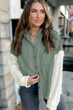 Hot Dear-Lover Cable Knit Sleeve Raw Hem Shacket Green