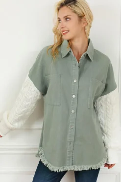 Hot Dear-Lover Cable Knit Sleeve Raw Hem Shacket Green