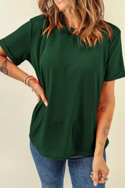 Sale Dear-Lover Casual Plain Crew Neck Tee Green