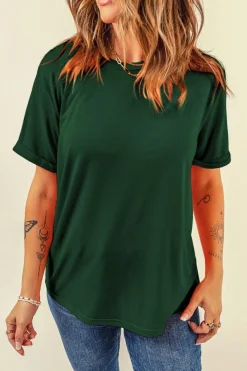 Sale Dear-Lover Casual Plain Crew Neck Tee Green
