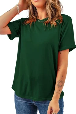 Sale Dear-Lover Casual Plain Crew Neck Tee Green