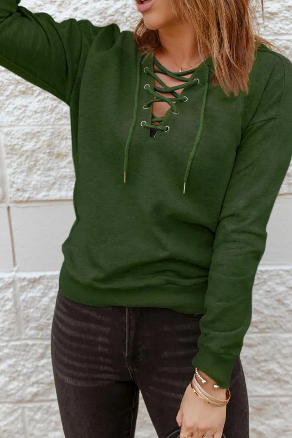 Fashion Dear-Lover Casual Solid Color Lace-up Hoodie Green