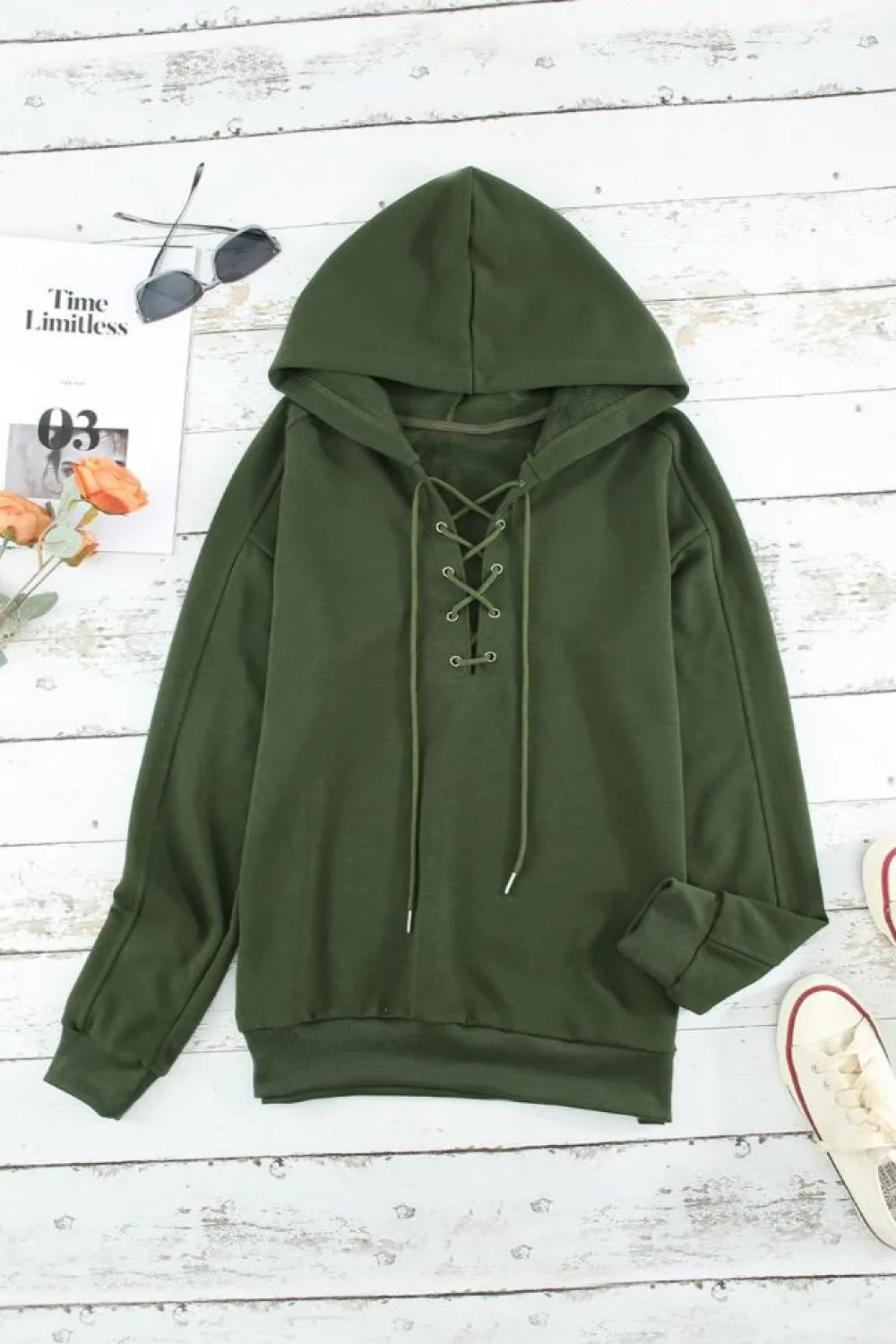 Fashion Dear-Lover Casual Solid Color Lace-up Hoodie Green