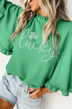 Online Dear-Lover Ceramic Rhinstone lucky Clover Graphic Frilled Bell Sleeve Blouse Green