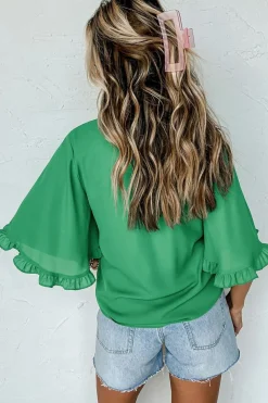 Online Dear-Lover Ceramic Rhinstone lucky Clover Graphic Frilled Bell Sleeve Blouse Green
