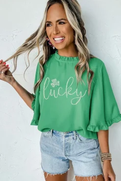 Online Dear-Lover Ceramic Rhinstone lucky Clover Graphic Frilled Bell Sleeve Blouse Green