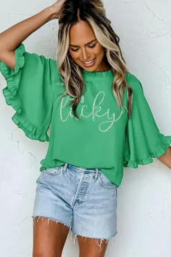 Online Dear-Lover Ceramic Rhinstone lucky Clover Graphic Frilled Bell Sleeve Blouse Green