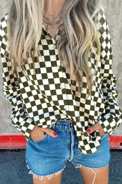 Discount Dear-Lover Checkerboard Printed Drop Shoulder Loose Casual Shirt Green