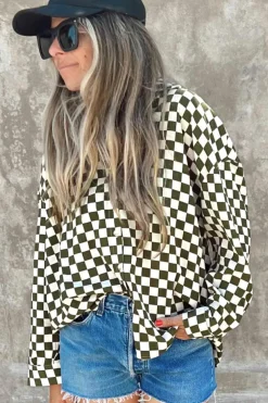 Discount Dear-Lover Checkerboard Printed Drop Shoulder Loose Casual Shirt Green