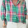 Sale Dear-Lover Checkered 3/4 Sleeve Collared Loose Fit Shirt Green