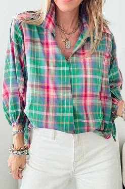 Sale Dear-Lover Checkered 3/4 Sleeve Collared Loose Fit Shirt Green