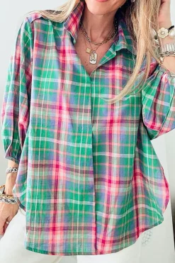 Sale Dear-Lover Checkered 3/4 Sleeve Collared Loose Fit Shirt Green