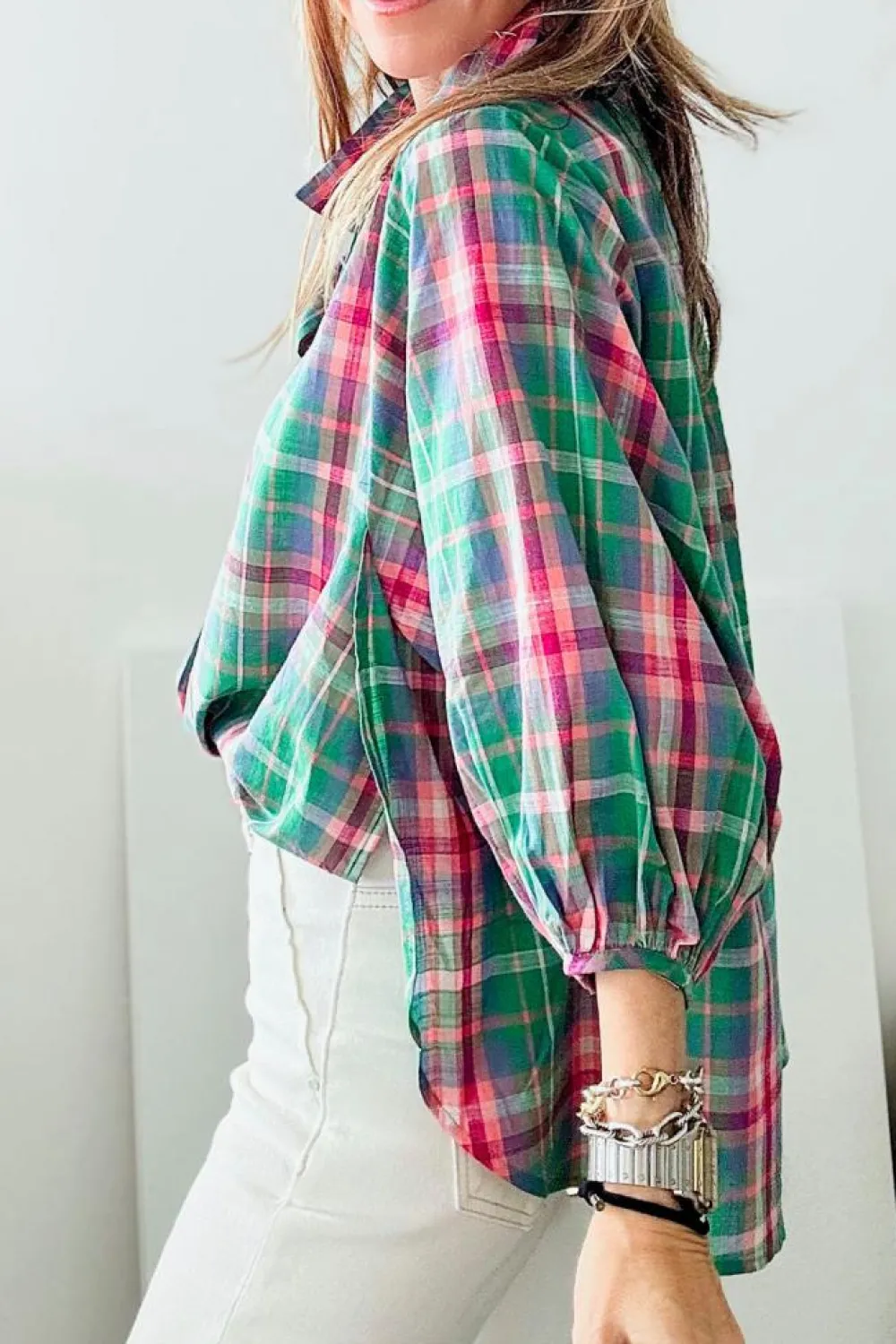 Sale Dear-Lover Checkered 3/4 Sleeve Collared Loose Fit Shirt Green