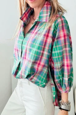 Sale Dear-Lover Checkered 3/4 Sleeve Collared Loose Fit Shirt Green