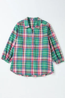 Sale Dear-Lover Checkered 3/4 Sleeve Collared Loose Fit Shirt Green