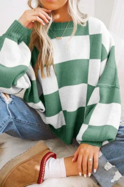 Best Dear-Lover Checkered Bishop Sleeve Sweater green