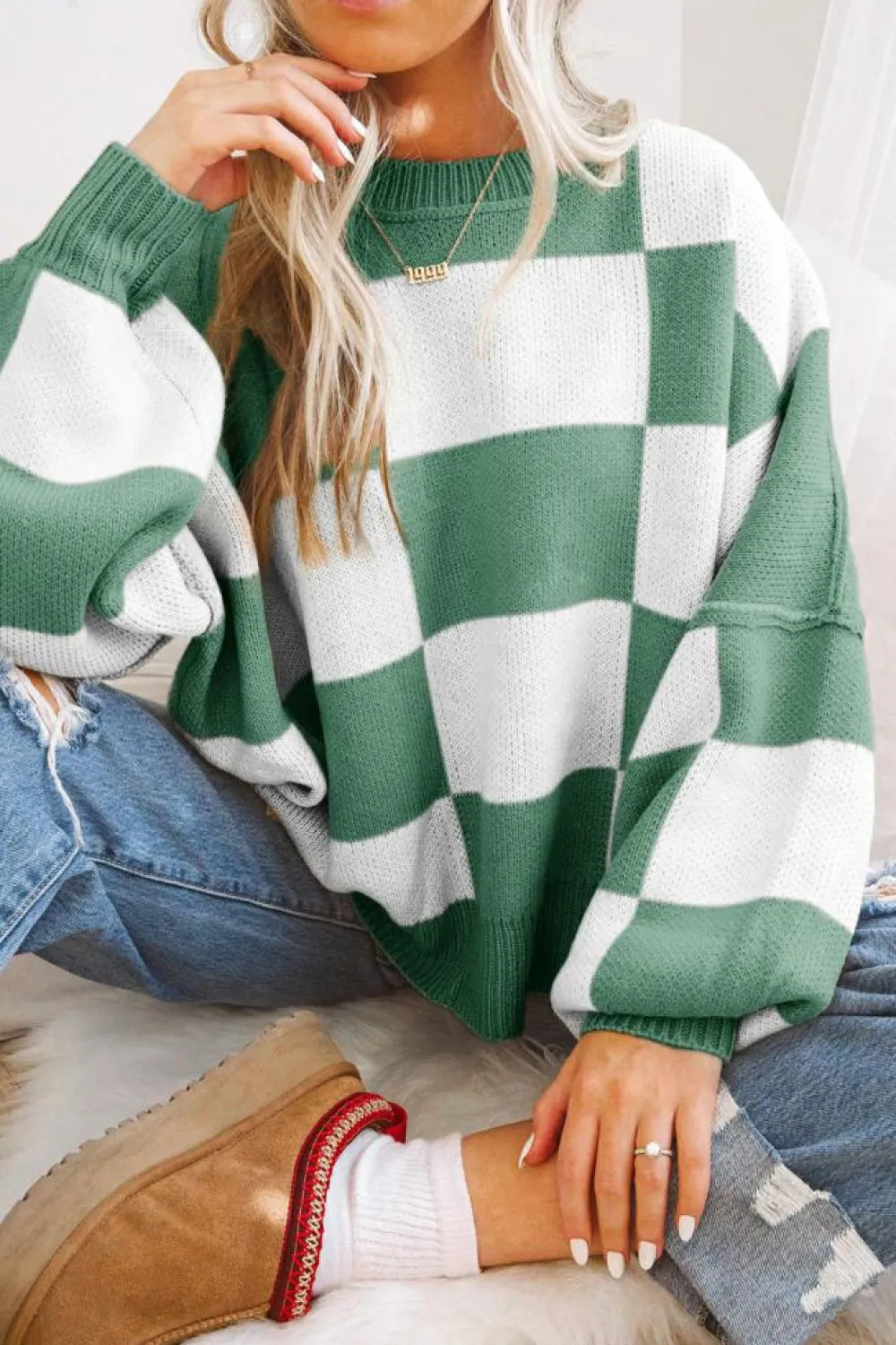 Best Dear-Lover Checkered Bishop Sleeve Sweater green
