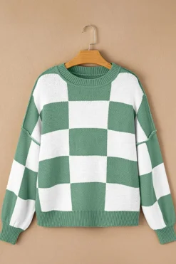 Best Dear-Lover Checkered Bishop Sleeve Sweater green