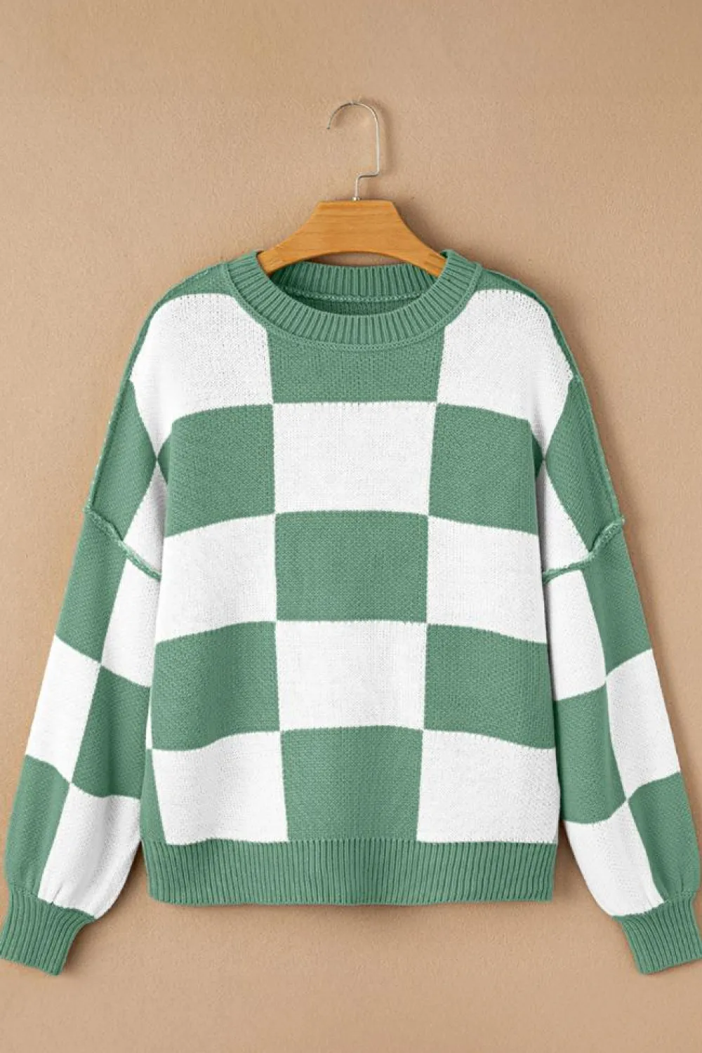 Best Dear-Lover Checkered Bishop Sleeve Sweater green