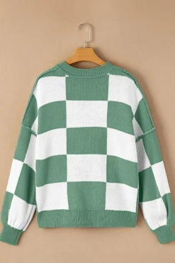 Best Dear-Lover Checkered Bishop Sleeve Sweater green