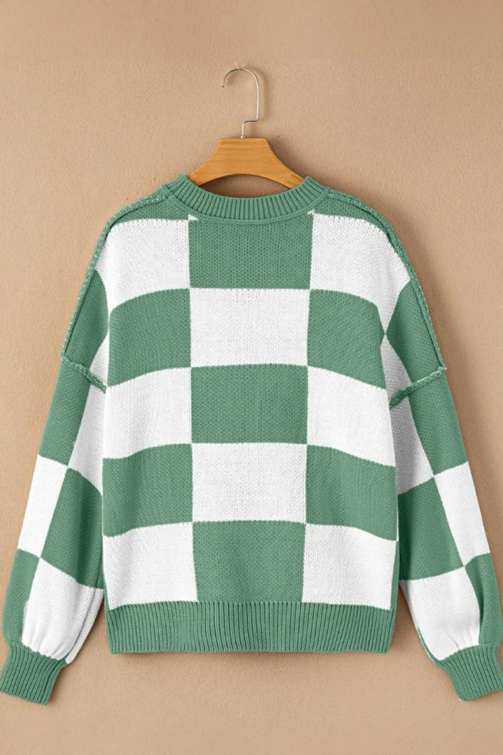 Best Dear-Lover Checkered Bishop Sleeve Sweater green