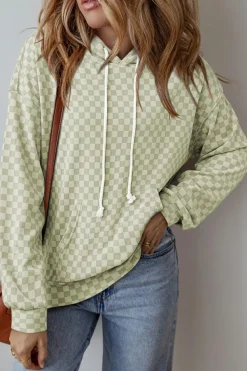 Best Dear-Lover Checkered Print Kangaroo Pocket Drawstring Hoodie Green