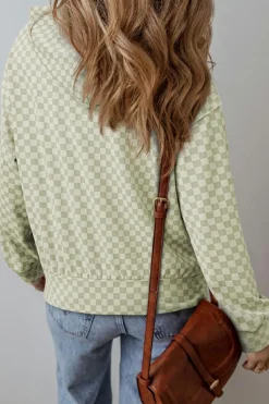 Best Dear-Lover Checkered Print Kangaroo Pocket Drawstring Hoodie Green