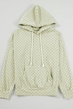Best Dear-Lover Checkered Print Kangaroo Pocket Drawstring Hoodie Green