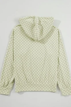 Best Dear-Lover Checkered Print Kangaroo Pocket Drawstring Hoodie Green