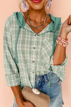 Online Dear-Lover Checkered Print Loose Fit Buttoned Hooded Shacket Green